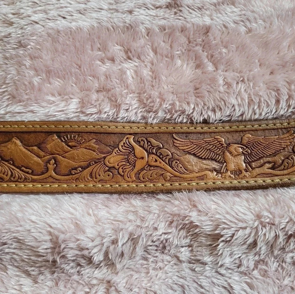 Genuine Leather Vintage Eagle Calla Lily Brown‎ Belt Size 40 - Picture 3 of 5